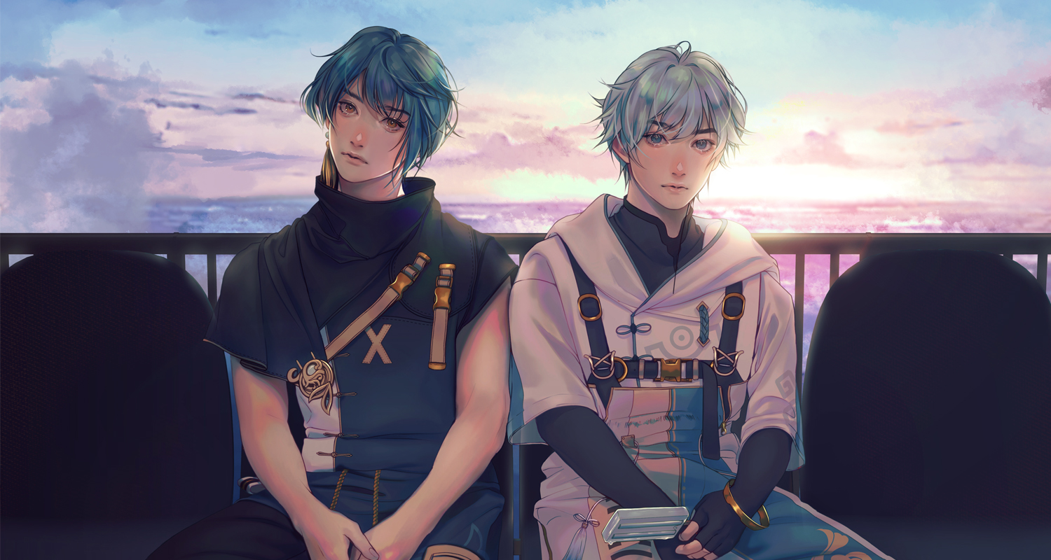 A fanart of the characters Xingqiu and Chongyun from the game Genshin Impact. semirealistic digital art