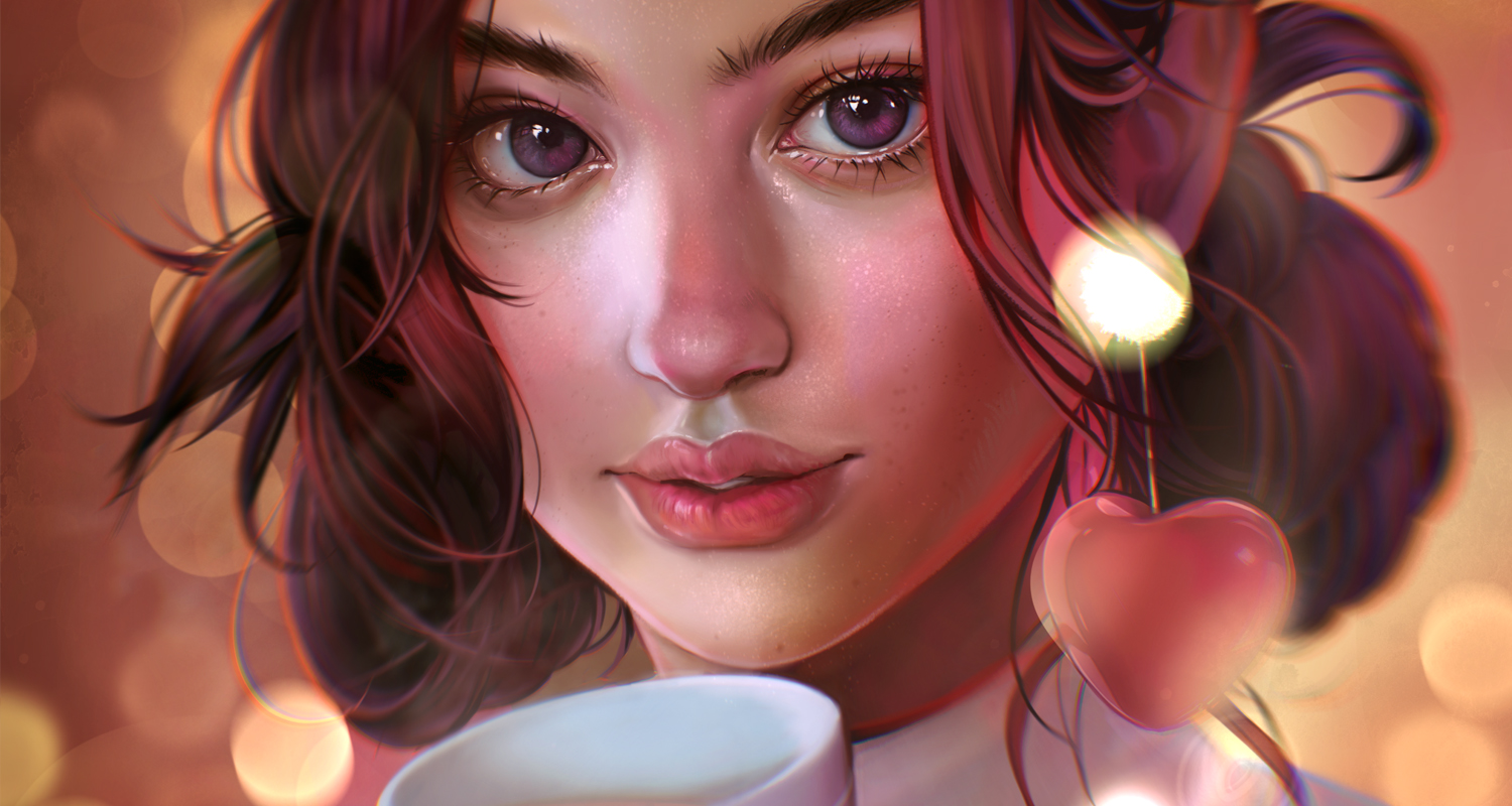 original illustration featuring a girl with a cup of hot chocolate. semirealistic digital art